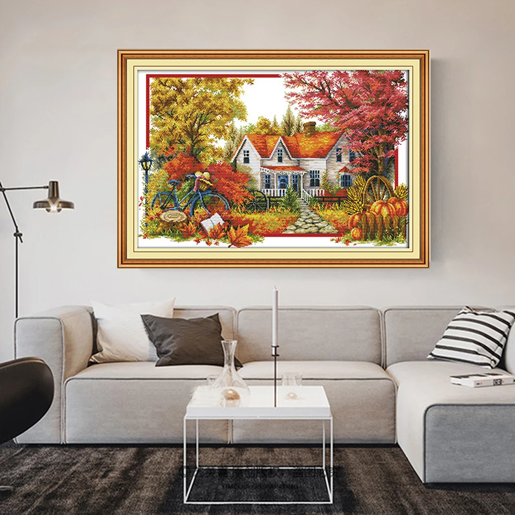 DIY Stamped Cross Stitch Landscape Kits Thread Needlework Embroidery Printed Pattern 11CT Home Decoration Autumn Seasons