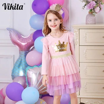 

VIKITA Kids Princess Dress for Girl Children Tutu Mesh Dress Kids Reversible Sequins Girl Crown Pattern Children Autumn Clothing