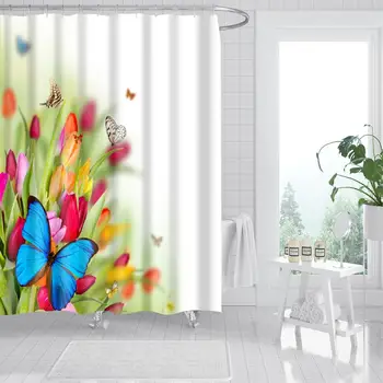 

Waterproof Thicken Spring Btterfly Flowers Bathroom Shower Curtain Polyester Mildew Proof Bath Tub Curtain with 12 pcs Hooks