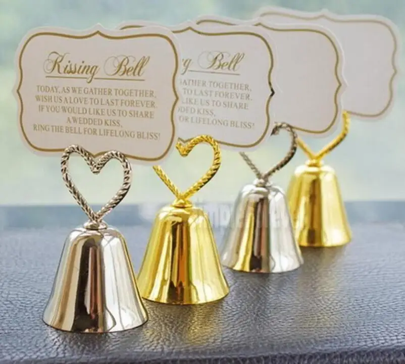 

Оптовая продажа, держатель для карт и фотографий «целующиеся колокольчики», золотое украшение для свадебной вечеринки, предметы интерьера стола