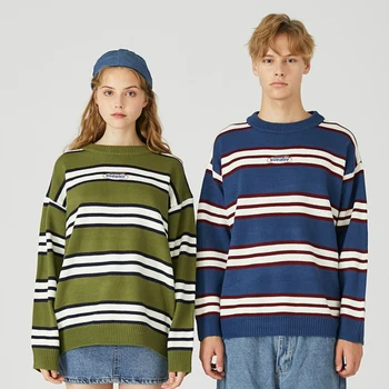 

MERRY PRETTY Women Man Striped Knitted Sweaters 2020 Spring New Letter Embroidery Knit Sweaters Loose Warm Jumper Pullovers