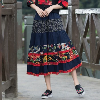 

KYQIAO faldas mujer moda 2020 ethnic skirts womens autumn original design long blue red black embroidery a-line skirt