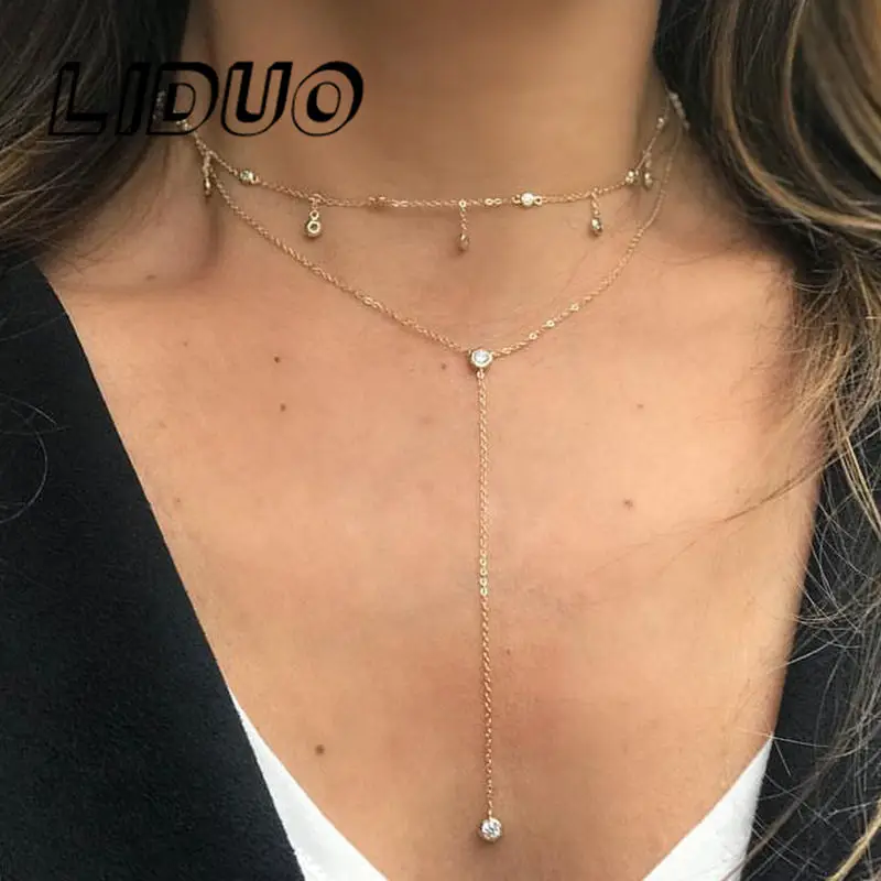 

LIDUO Vintage Multilayer Crystals Pendants Necklaces Women Gold Color Beads Simple Bohemian Choker Necklaces Gifts Jewelry New