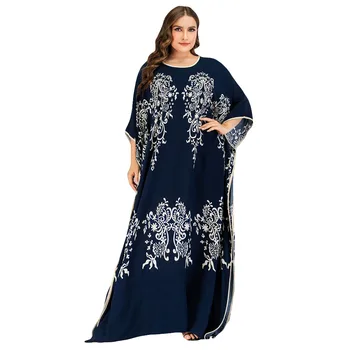 

Muslim Women Maxi Dress Printed Ramadan Islamic Maxi Robe Vintage Ethnic Loose Plus Size Batwing Sleeve Oversized Gown Kaftan
