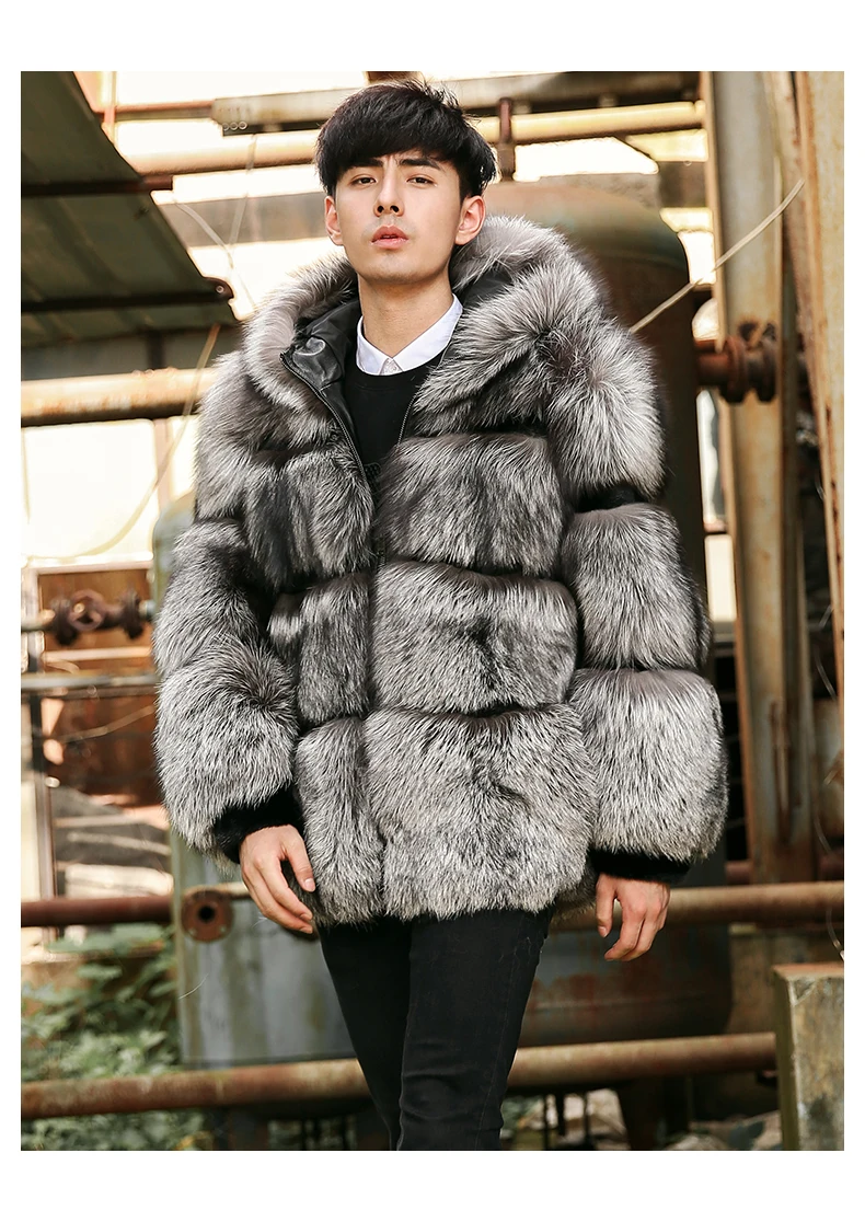 Настоящее натуральное пальто из серебристого лисьего меха с капюшоном, Мужская Меховая куртка, настоящее толстое теплое зимнее модное пальто для мужчин, FM-026
