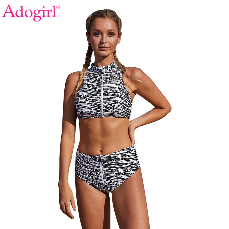 Adogirl, Леопардовый укороченный топ, высокая талия, комплект бикини, купальник, передняя молния, без рукавов, укороченный топ+ трусики, женский сексуальный купальник, пляжная одежда