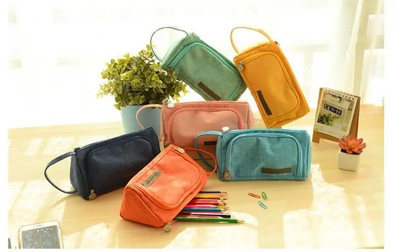 Harphia Large Capacity pen bag canvas pencil case cotton linen multi-layer lovely stationery bag creative comestic bag