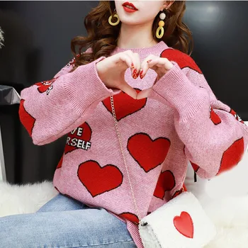 

Sweet Heart Pattern Letter Women's Sweater Pink Autumn Winter O Neck Long Sleeve Loose Female Pullover Casual Ladies Pull Top