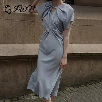 

Brand Design Vintage Neckline Twisted Sexy Hollow Out Blue Slim Dress Midi Short Sleeve Elegant Party Office Ladies Dresses Tide