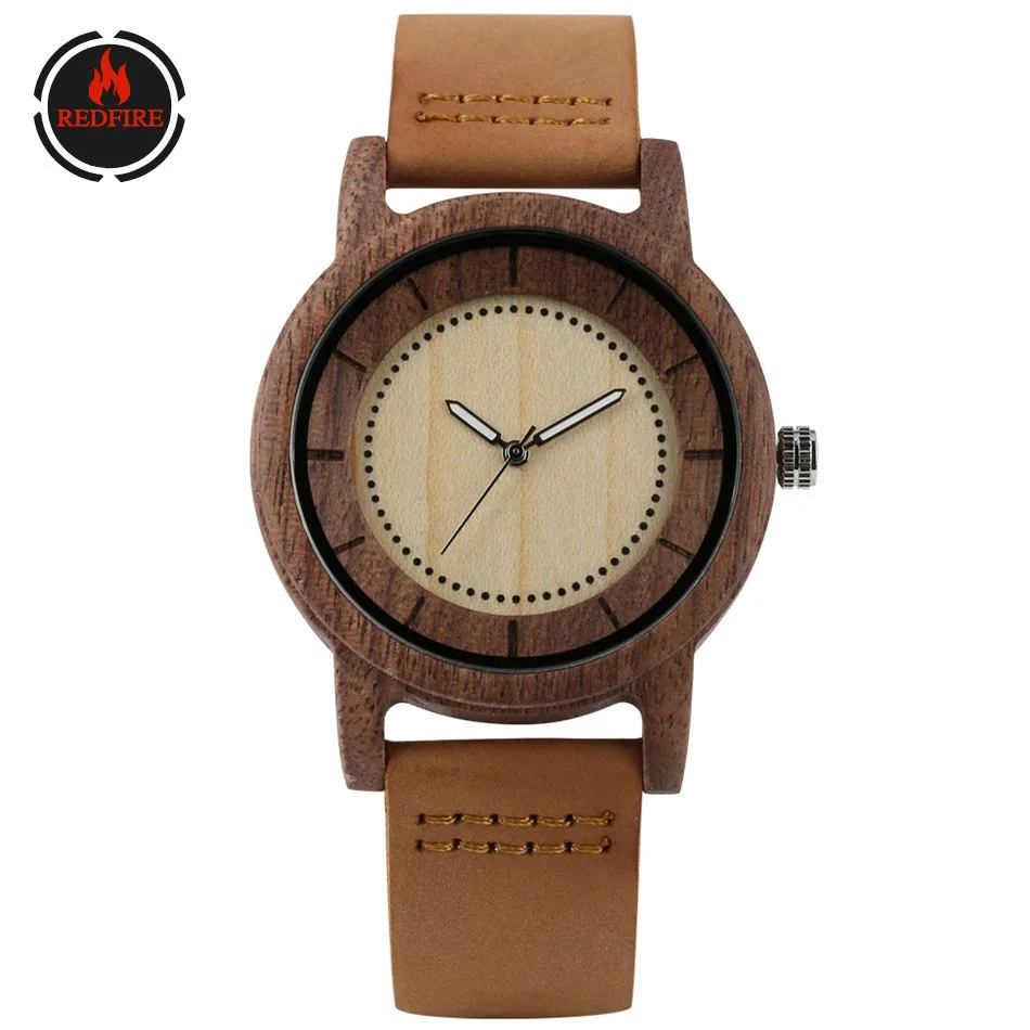 

REDFIRE Coffee Brown Walnut Wood Watch Men's Genuine Leather Wrist Watch White/Red Dial Mens Watches Quartz Movement Wood Clock