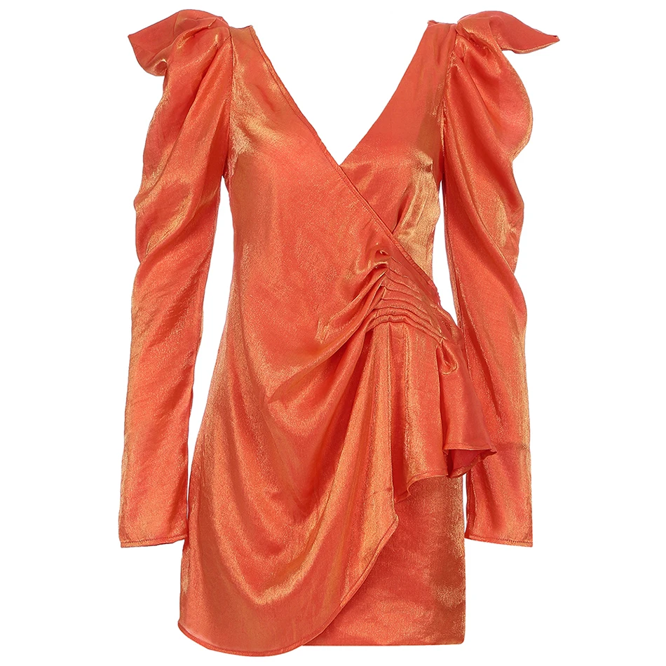 Оранжевое сексуальное Плиссированное мини-платье с v-образным вырезом и рукавами-фонариками зима новые модные женские элегантные вечерние Клубные платья - Цвет: Оранжевый
