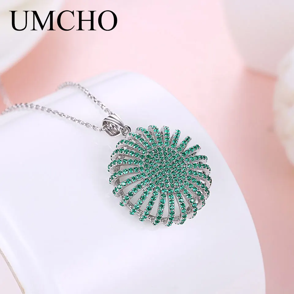 

UMCHO Solid 925 Sterling Silver Zircon Green Round Pendants Necklace For Women Girl Wedding Engagement Party Fine Jewelry