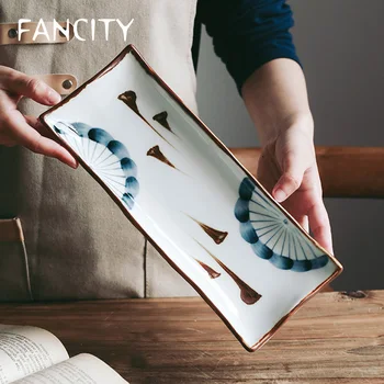 

FANCITY Retro hand-painted ceramic sushi plate, rectangular plate, Japanese plate, dessert plate, household fish plate