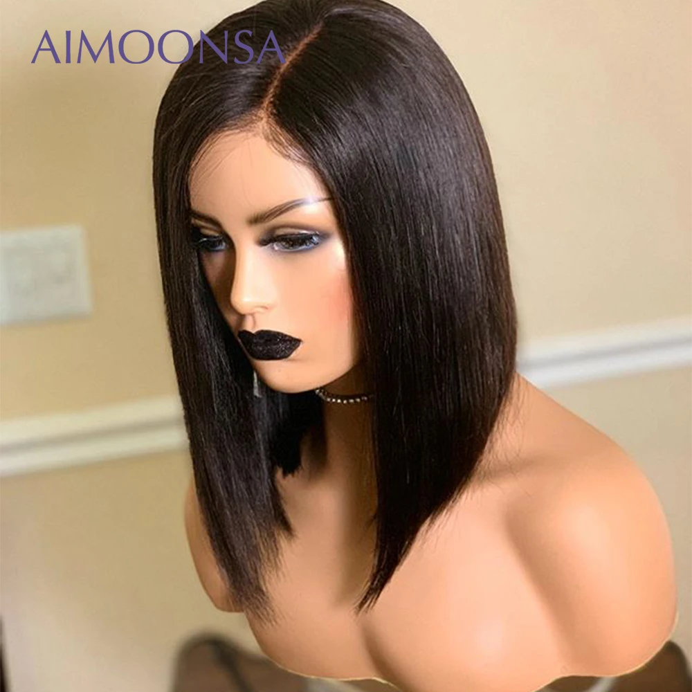 1B цвет 180 плотность человеческие волосы на кружеве парики черные прямые волосы боб парик невидимые узлы для женщин черный Remy Aimoonsa