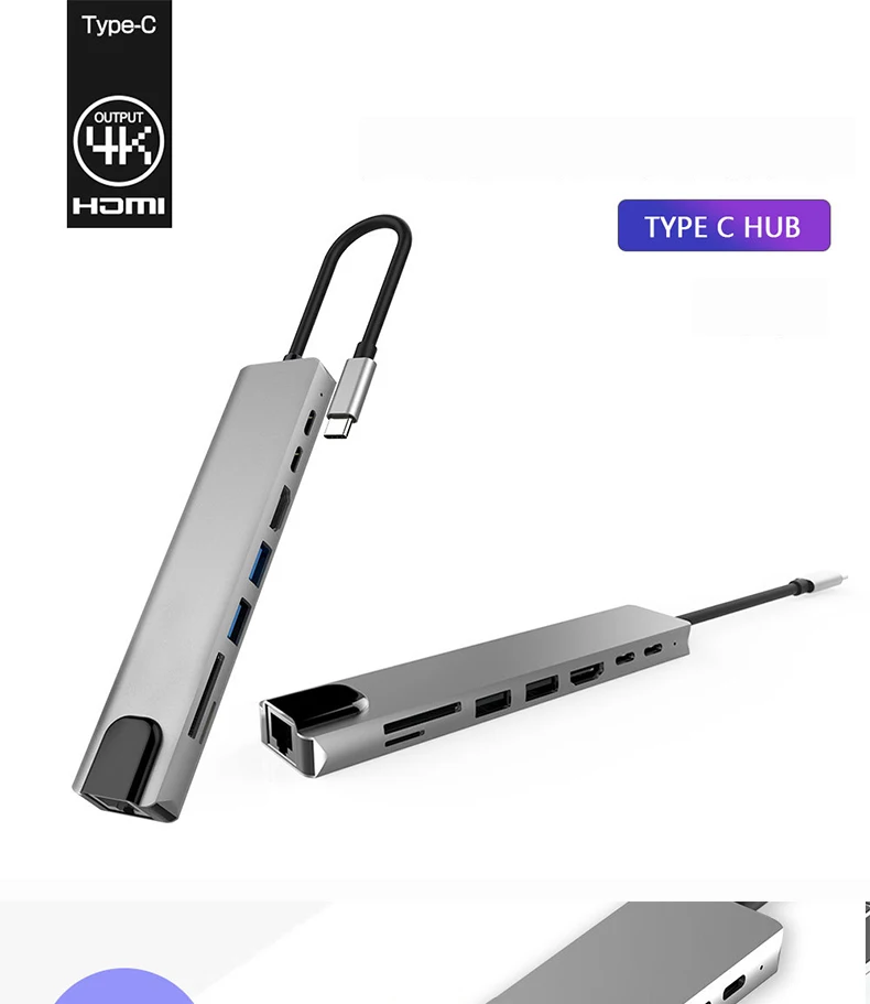 8-1 концентратор HDMI+ rj45+ VGA+ PD+ USB3.0+ карты Тип-C док-станция для Macbook мульти-функция быстрой передачи концентратор док-станция