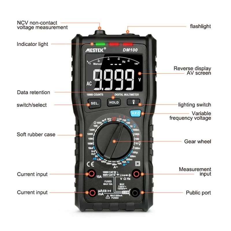 BMBY-Mestek Dm100 Цифровой мультиметр высокоскоростной умный двойной сердечник T-Rms Ncv температурный мультиметр анти-ожога предохранитель сигнализация Multimet