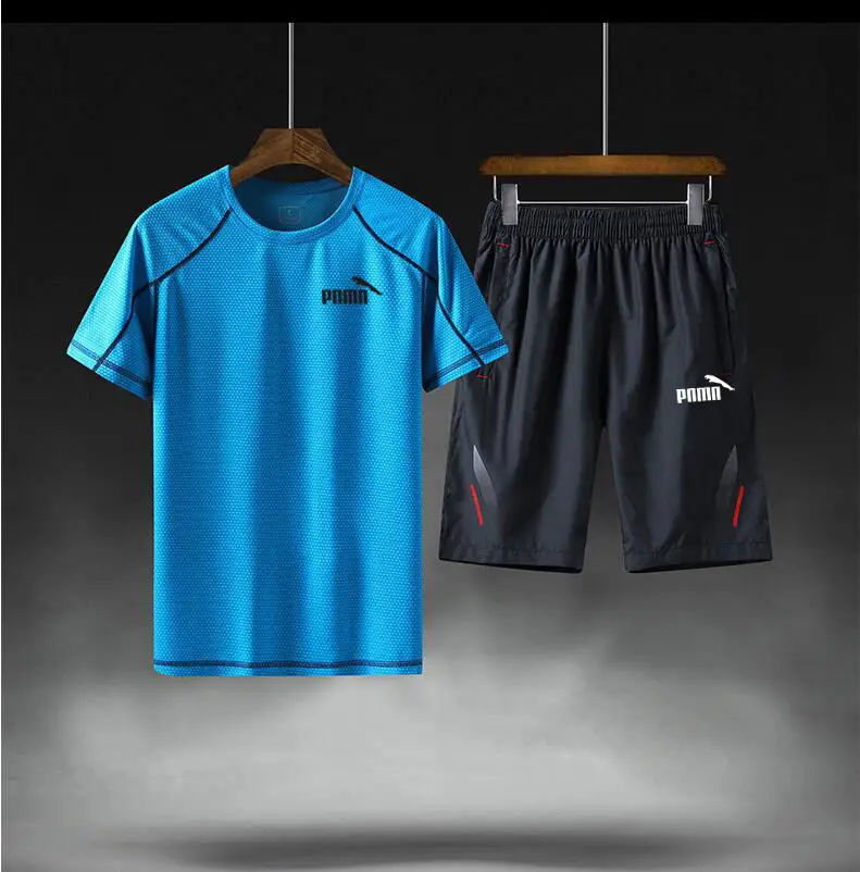 

new high quality Casual Male Summer Clothing Fitness Suit Sporting Suits Short Sleeve T Shirt + Shorts Quick Drying 2 Piece Set