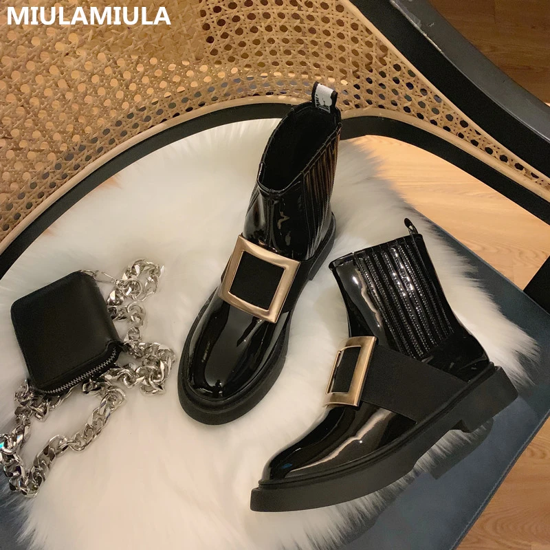 

MIULAMIULA Brand Designers 2019 Winter Luxury Big Metal Square Buckle Black Genuine Leather Motorcycle Ankle Boots Women Shoes