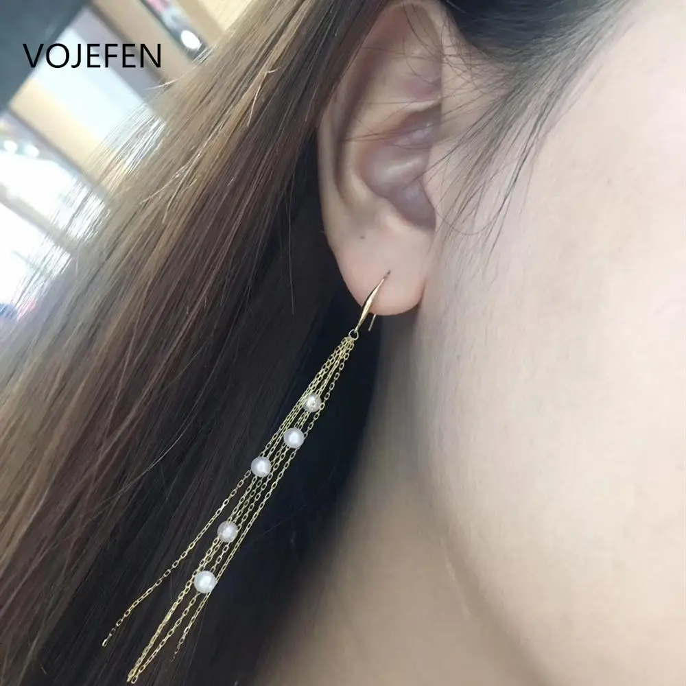 

VOJEFEN Bridal Wedding Pearl Dangles Cascade, Fringe Tassel, Waterfall with 18K Yellow Gold Long Earrings