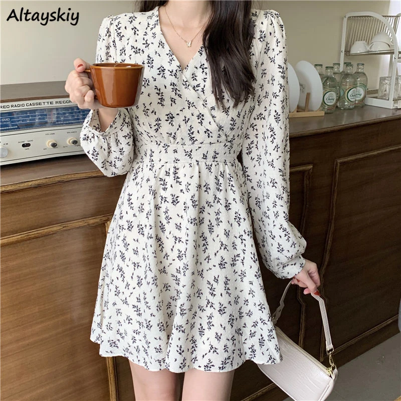 Spring Dress Women Plus Size Print V-neck Feminine Korean Style Elegant Leisure College All-match Trendy Ins Soft Design Chic mini dress