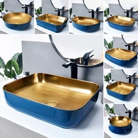 Nordic Bathroom Wash Basin Blue Ceramic Vessel Sink Hotel High-end Golden Single Basin Countertop Gold Bowl Ez Shampoo Basin