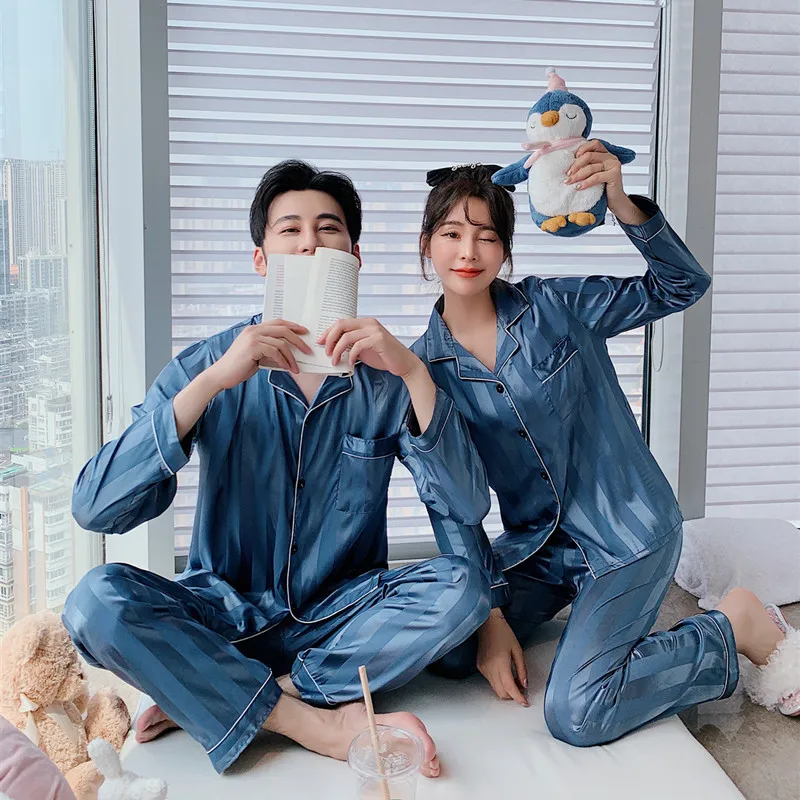 

2020 New Women's Pajamas Set Luxury Style Sleepwear for Men 9 Colors Long-sleeved Silk Like Nightie Home Clothes Nightwear Set