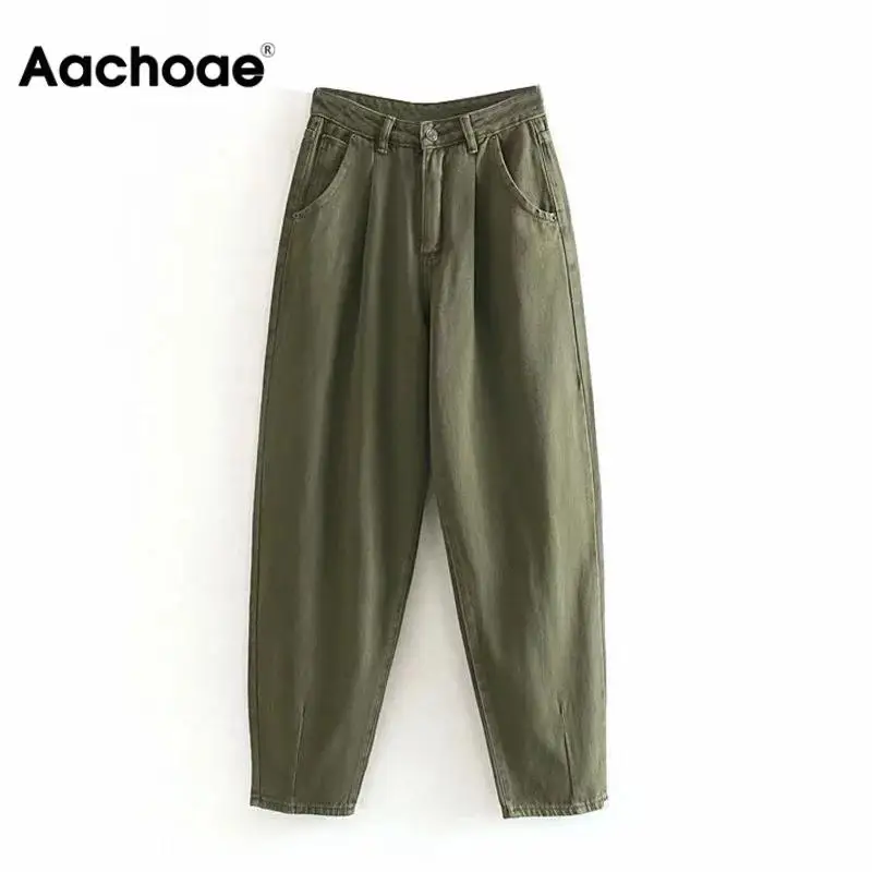Aachoae Women Streetwear Pleated Mom Jeans High Waist Loose Slouchy Pockets Boyfriend Pants Casual Ladies Denim Trousers |