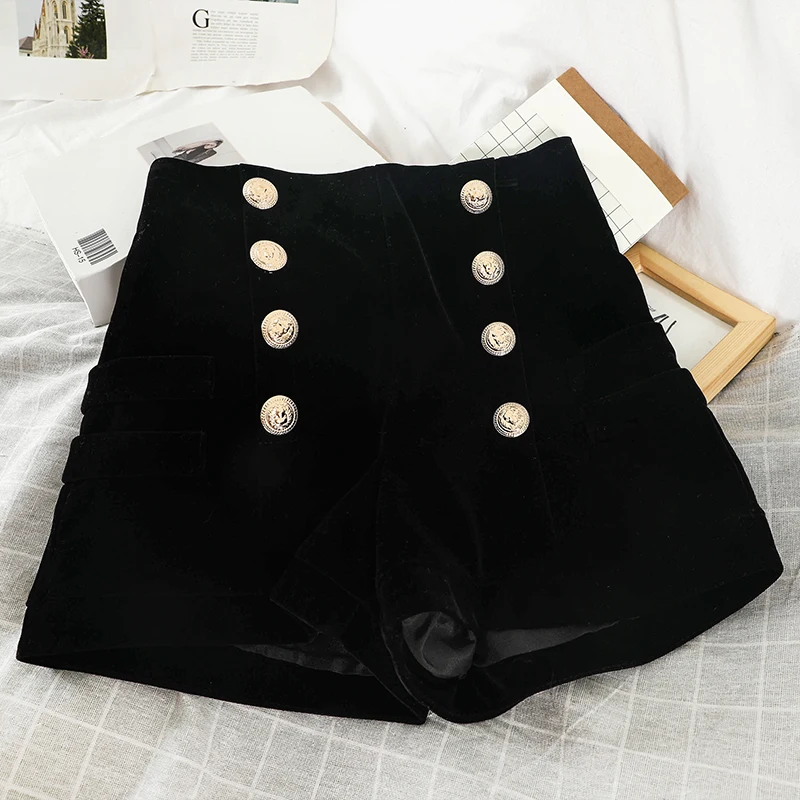 MUMUZI Women spring and autumn velvet shorts high waist all match buttons black short trousers loose 2xl bottom hot shorts 2023