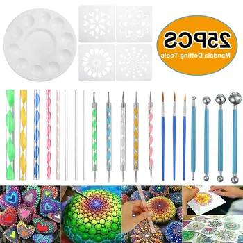 

25Pcs Mandala Painting Dotting Tools with Dotting Rods Ball Stylus Pen Stencil Paint Tray Brushes for Nail Rock Fabric Wall Art