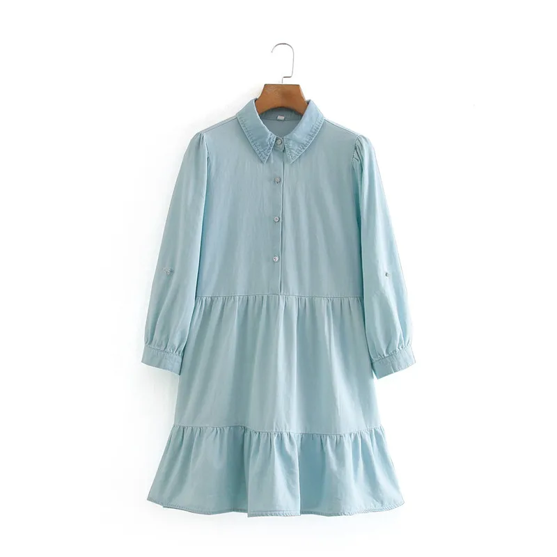 Merodi summer casual blue denim za women mini dresses elegant lady jewelry button high waist a-line dress female chic | Женская одежда