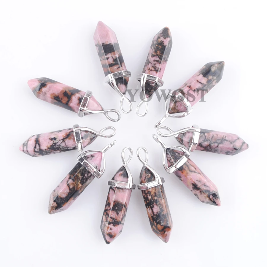 10pcs Rhodonite Pendants Natural Stone Crystal Pillar shape Pendulum for Necklace Hexagonal Point Reiki Jewellery Gifts QN3034 | Украшения