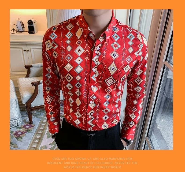Повседневная мужская рубашка Camisa Masculina, приталенная Ретро рубашка, осень, модная, индивидуальная, с принтом, с длинным рукавом, рубашки для мужчин