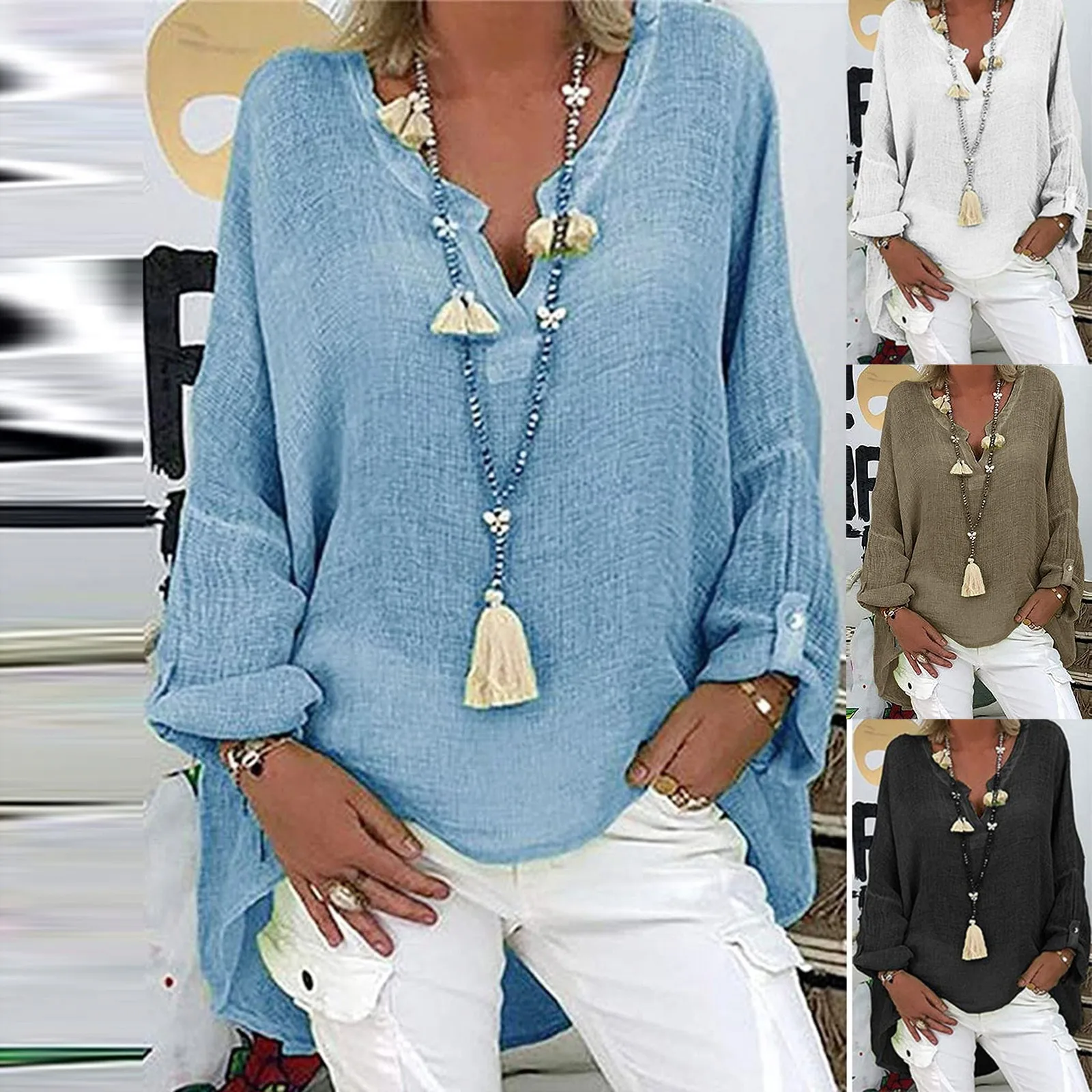 2021 women's tunic Plus Size Women Casual Long Sleeve Solid Color Loose V-neck Shirt Blouse Top blusas mujer de moda 1