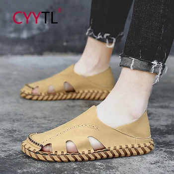 

CYYTL Fashion Summer Soft Sandals Men Closed Toe Leather Casual Beach Shoes Sewing Non-slip Outdoor Slippers Sandalia Masculina