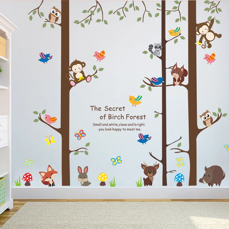 Forest Monkey Tree Wall Stickers For Kids Room Decoration Cartoon Owl Monkey Animal Decal DIY Mural PVC Poster