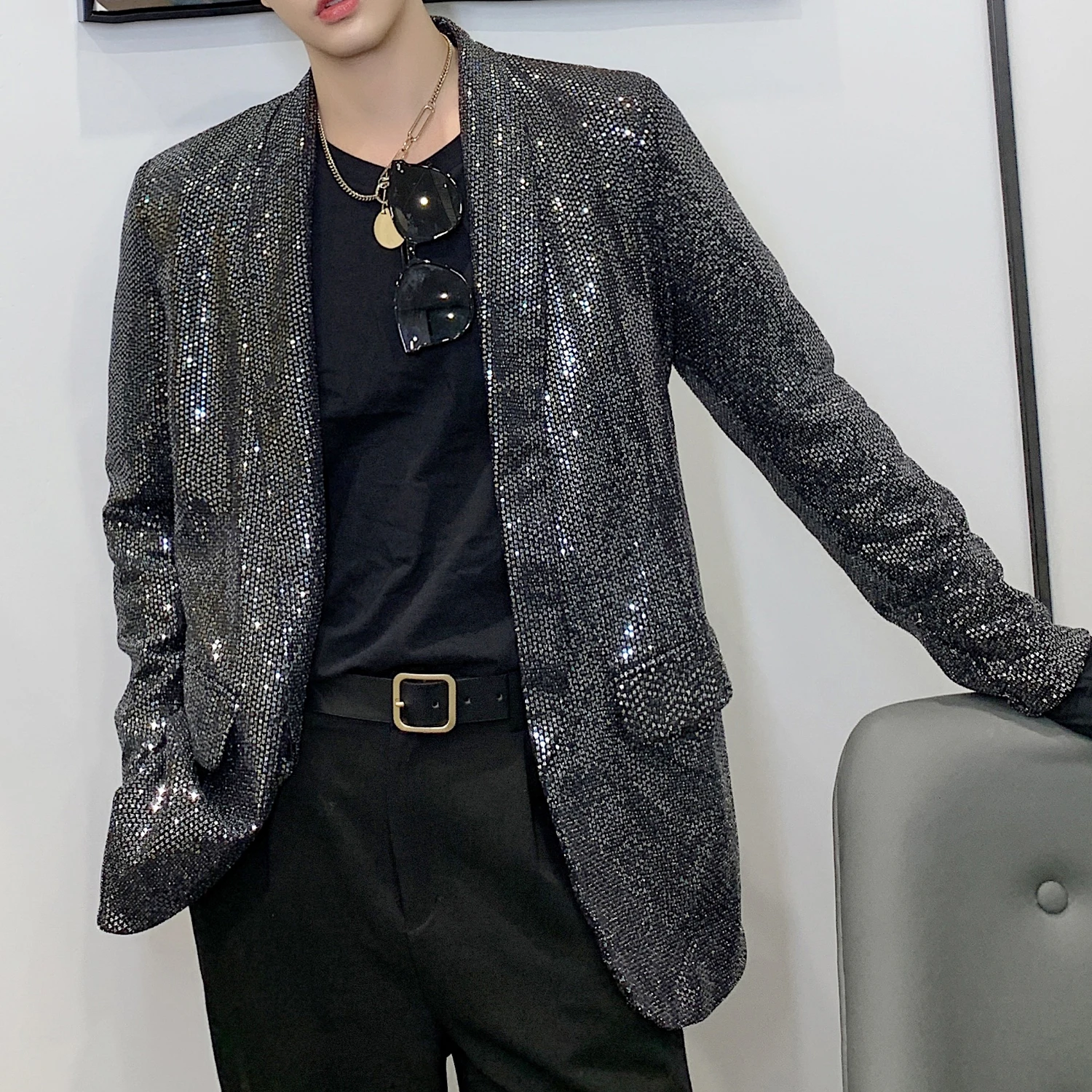 

Men Spring Vintage Fashion Shining Loose Casual Black Blazer Coat Male Streetwear Hip Hop Party Stage Suit Jacket Outerwear