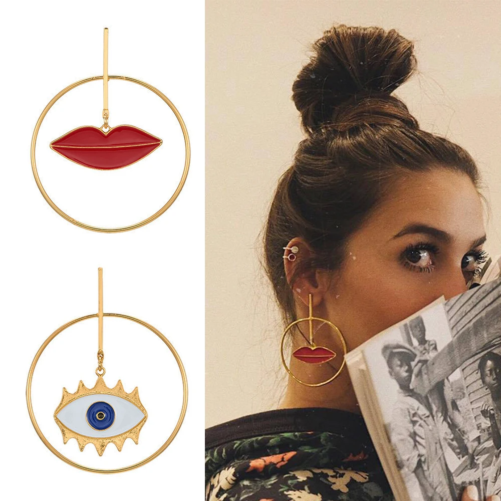 

2019 Fashion Street Style Asymmetric Lip Evil Eye Charm Gold Loop Drop Earrings For Women Punk Party Earrings For Lady