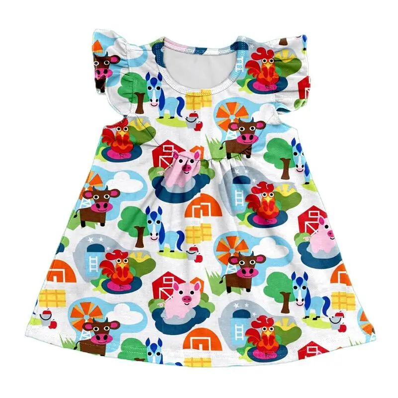 2020 Children New Style Summer Girls Dress Baby Farm Animal Foral Print Pattern Kids Girl Casual Round Neck Pearl | Детская одежда и