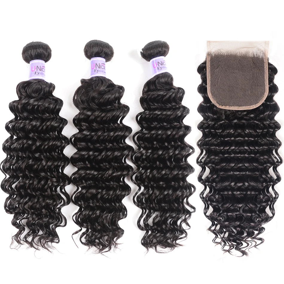 Волосы UNICE Kysiss серия глубокая волна пряди с закрытием 4*4 свободная часть 12-2" девственные волосы для наращивания бразильские человеческие волосы