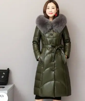 Dark green Зимний модный бренд, воротник из лисьего меха, с капюшоном, 90% натуральный утиный пух, пальто для женщин, натуральная кожа, большие размеры, удлиненные толстые пуховики, парки Q115 - Цвет: Dark green