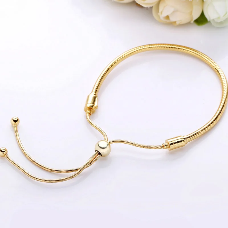 

Original Gold Color Moments Sliding Clasp Adjust Bracelet Bangle Fit 925 Sterling Silver Bead Charm Bracelet Diy Europe Jewelry