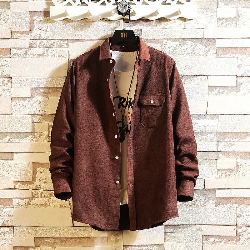 Privathinker Men Solid Loose 8 Colors Shirts Mens Collage Korean Shirt Male Autumn Fashion Clothes Streetwear Tops Oversize - Color: WineRed(AsianSize)