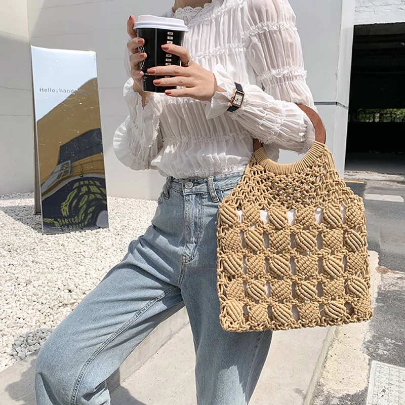 Bolso de mano de mimbre con mango de madera para mujer, bolsa de mano  vintage de mimbre tejido hueco, grande, informal, para playa, de viaje -  AliExpress
