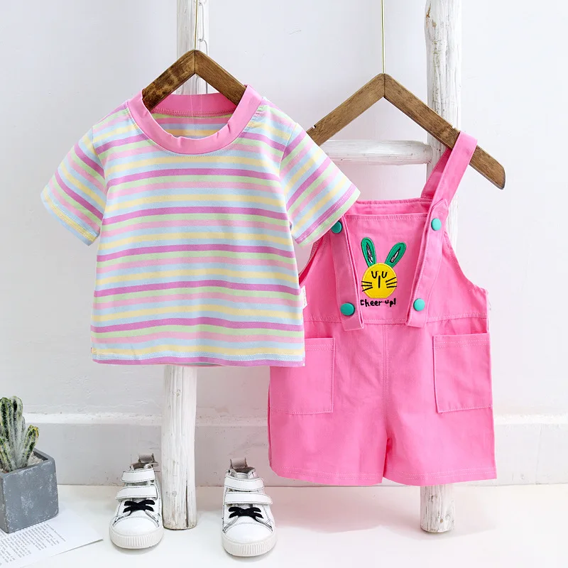Summer Cartoon Bunny  Cotton Toddler Baby Girls T-Shirt and Overalls