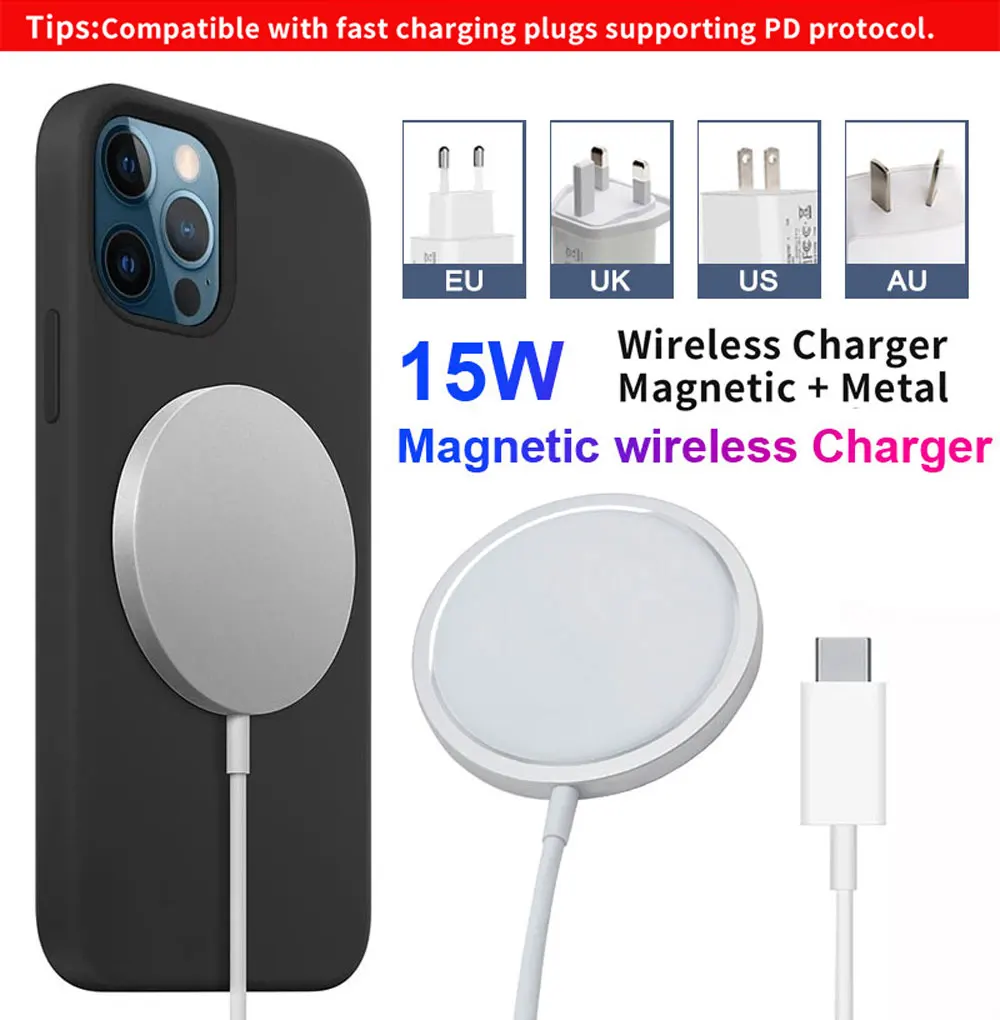 

Magnetic 15W Wireless Charger for iPhone 12 Pro Max 12 Mini Magsafe QC Fast charging Quick 20W US EU UK Plug PD Wireless Charger