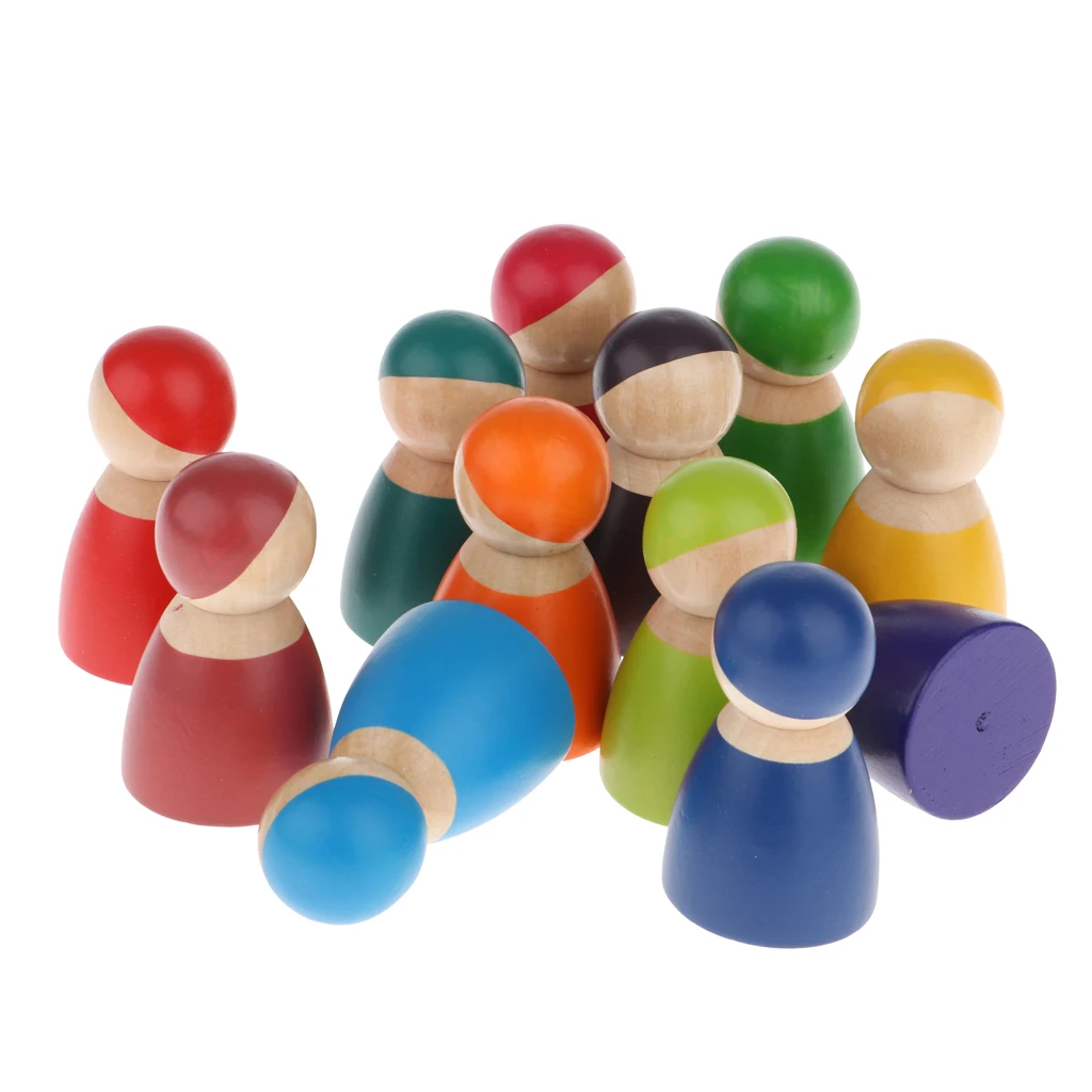 12 Pieces Rainbow Friends Peg Dolls, Little Wooden Figures People Dolls Bodies Decoration Toy Gift for Kids