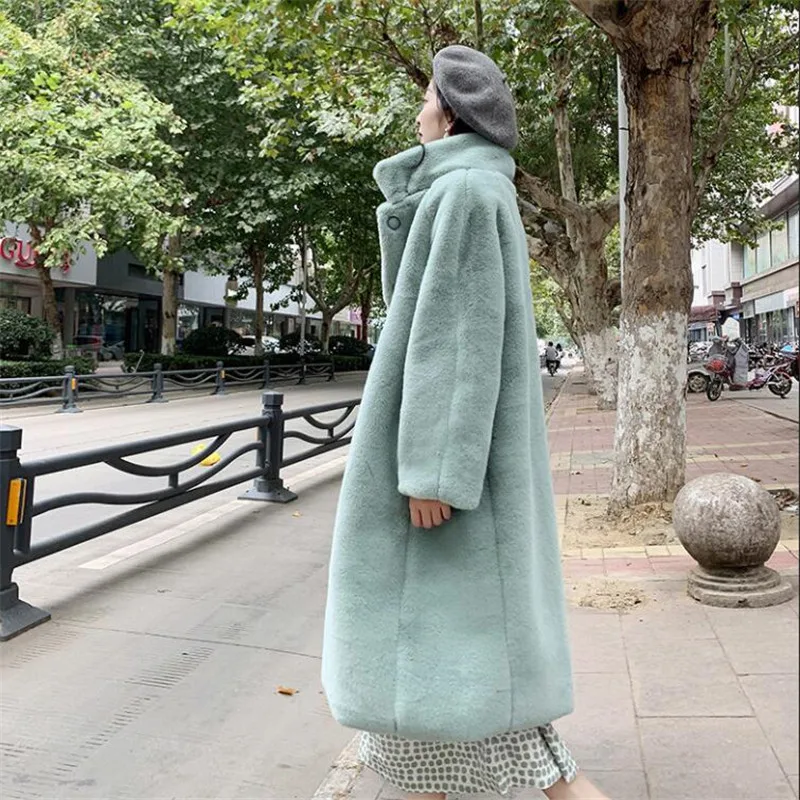 green Зимнее новое пальто средней длины, Свободное пальто из искусственного меха, роскошное Женское пальто высокого качества с воротником-стойкой, толстое теплое пальто 849 - Цвет: green