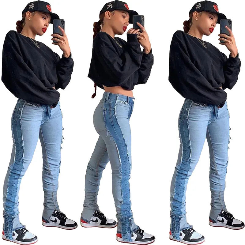 Patchwork Jeans Women Stacked Jeans 