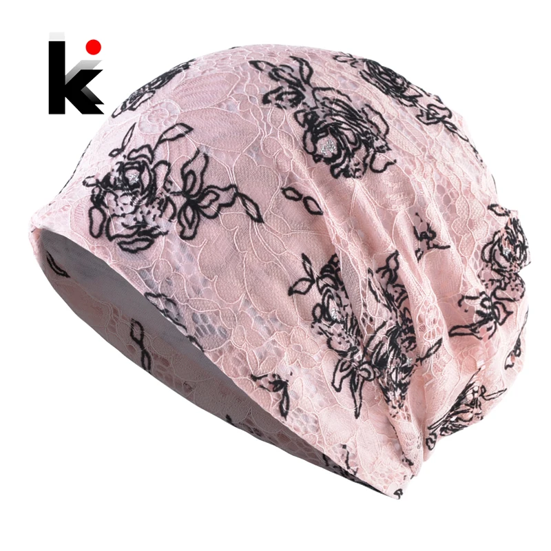 

Ladies Beanie Hat Knitted Lace Flower Hats Women Spring Summer Skullies Beanies Solid Color Headwear Bonnet Female Gorras Beanie