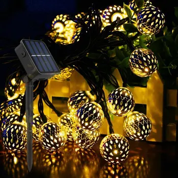 

Solar Moroccan Wrought Iron Hollow Small Round Ball Outdoor Waterproof LED String Lights Christmas Garden Decoration Lights